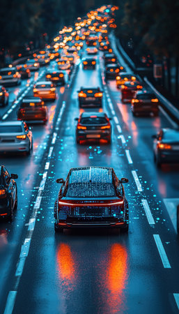 A cyber-inspired vehicle navigates a wet highway, streaked with vibrant neon reflections amid heavy...