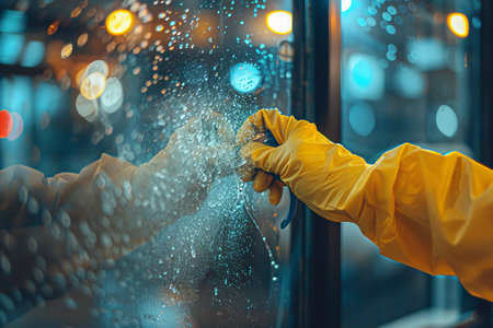 Restaurant worker disinfecting window glass during virus outbreak with alcohol cleaner