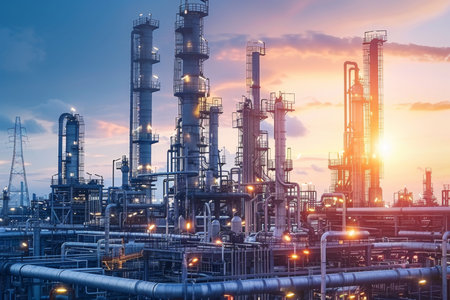 Industrial complex with oil and gas refinery. Ecosystem and environmental health concept
