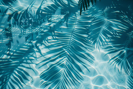 Palm leaf shadow on blue water surface, summer beach vacation abstract background bannerの写真素材