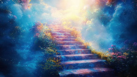 A luminous staircase spirals into a vibrant, surreal sky filled with swirling colors and glowing...