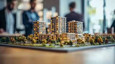 A sleek architectural model showcasing contemporary home design with lush landscaping, presented in...
