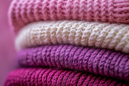 A detailed view of cozy, multicolored knitted sweaters layered together, evoking warmth and comfort...