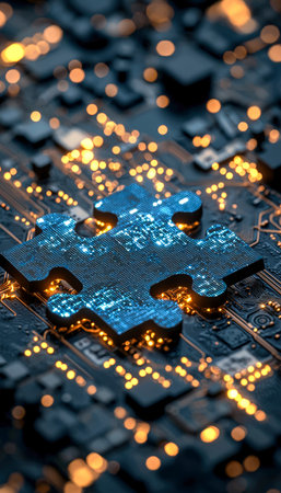 A luminous circuit pattern forming a key-shaped segment on a sleek motherboard, symbolizing...