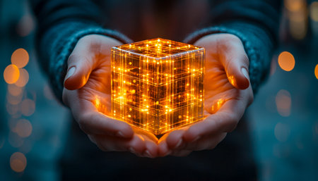 A tech-savvy individual presents a luminous, interconnected data sphere amid a sleek, high-tech...