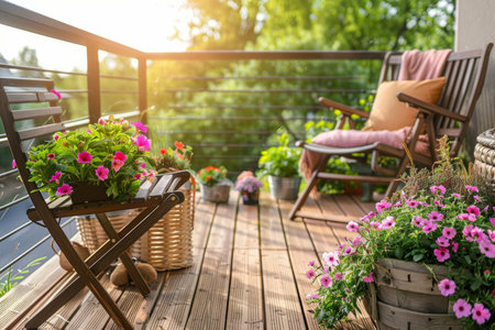 Stylish city balcony or terrace with chair and potted plants - cozy relaxing area at homeの写真素材