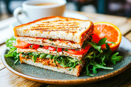 A savory grilled chicken and vegetable sandwich layered with crisp greens and slices of orange, served on a rustic ceramic plate for a vibrant dining experienceの写真素材