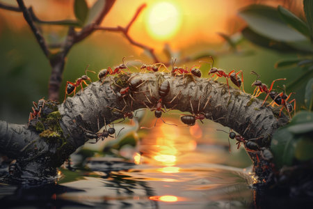 Team of ants constructing bridge over water at sunrise, amazing display of teamwork