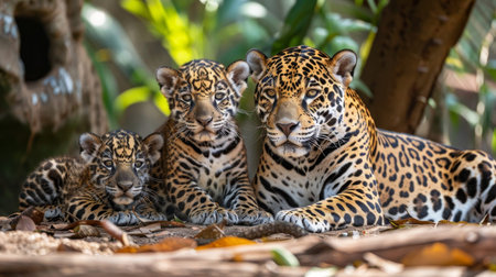 Jaguar family. two adorable cubs with their mother in stunning high-resolution image