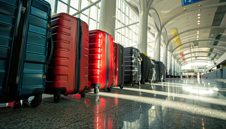 Business travel trip schedule and flight booking for vacation luggage suitcases at airport