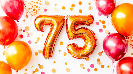 Vibrant birthday or milestone setup featuring large metallic number 75 balloons and lively confetti, creating an exciting festive atmosphere.の写真素材