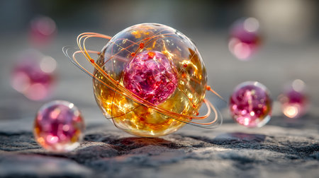Vibrant digital art illustrating luminous spheres orbiting on a textured backdrop, evoking cosmic or...