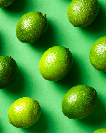 Bright green limes arranged on a lively background, highlighted by intense lighting to showcase their juicy texture and vibrant color appeal.の写真素材