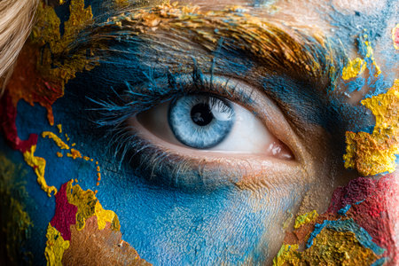 A detailed eye framed by vivid paint strokes blending face art with a textured, multicolored backdrop, evoking bold creativity and expressive flair.の写真素材