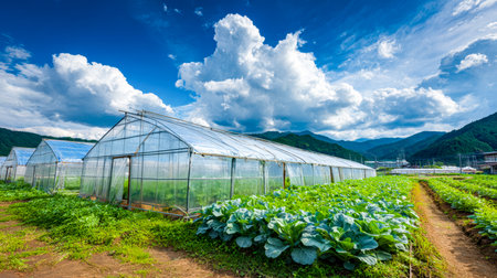 A thriving farm featuring glass greenhouses and abundant leafy greens, basking in sunlight beneath a clear sky dotted with soft clouds.の写真素材