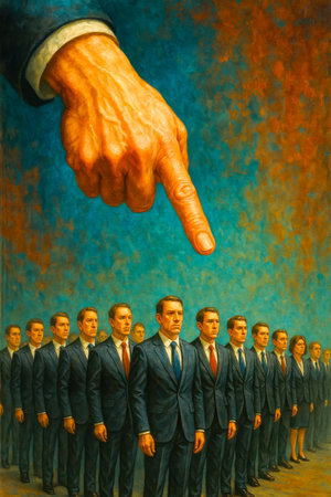 A colossal, surreal fingertip hovers commanding over stern executives in formal attire, blending fantasy with corporate authority in a striking scene.の写真素材