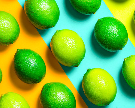 Bright green limes are casually spread over vibrant yellow and teal backgrounds, creating a lively,...