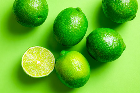 Juicy, vividly green limes arranged on a vibrantly green backdrop, featuring both whole and halved fruit, evoking freshness and natural zest in a colorfuの写真素材