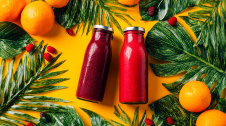 Vibrant berry smoothies in glass bottles sit amid ripe tropical fruits and verdant leaves, evoking freshness and tropical vitality against a sunny yelの写真素材
