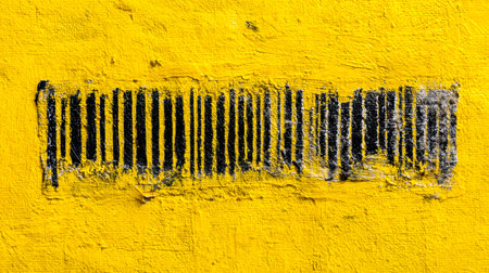 A weathered barcode stencil with scratched paint sits boldly against a lively yellow wall, evoking urban decay and artistic reclamation.の写真素材