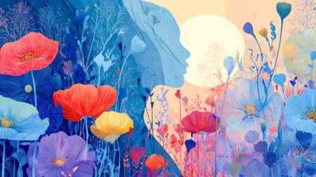 A captivating blend of vibrant poppy blossoms and fluid natural motifs shapes a gentle female profile, evoking creativity and serenity.の写真素材