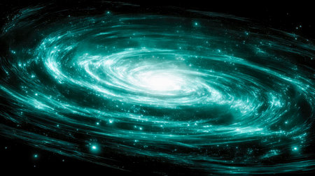 A vibrant cosmic swirl featuring a luminous center and shimmering stars orbiting in deep space, evoking wonder and infinite mystery.の写真素材