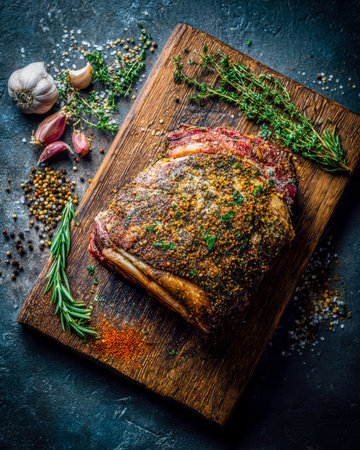 Juicy, aromatic beef slices resting on a rustic wooden platter, garnished with fresh herbs, roasted garlic, and vibrant spices for inviting appeal.の写真素材