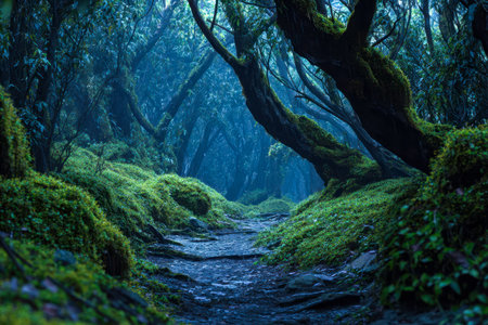 A peaceful woodland trail winding through vibrant foliage, shrouded in soft mist, evoking serenity and the untouched beauty of nature.の写真素材