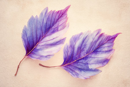 Vibrant purple and pink leaves contrast against a neutral beige backdrop, evoking a soft, artistic mood suitable for nature or design projects.の写真素材
