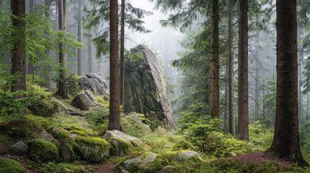 A peaceful woodland with towering trees, lush moss on rocks, and a gentle fog creating a calm, mysterious atmosphere perfect for nature-inspired projeの写真素材
