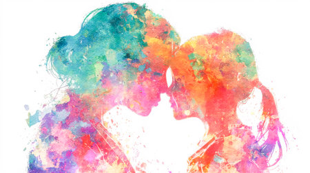 Two girls share an intimate moment, their outlines rendered in soft watercolor shades, conveying tenderness, connection, and peaceful harmony.の写真素材