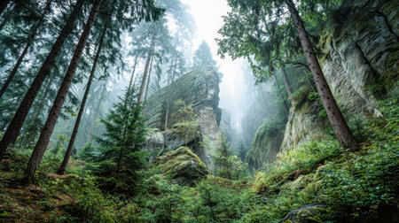 Verdant woodland scene featuring soaring trees, velvety moss on rocks, and a gentle mist weaving through rugged mountain terrain, evoking serenity.の写真素材