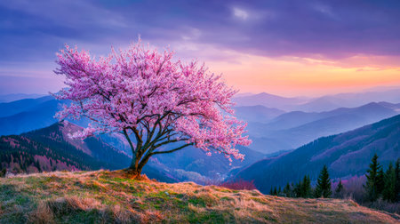 Vibrant pink cherry blossoms adorn a hillside, illuminated by the warm glow of sunset, with majestic layered mountains creating a serene backdrop.の写真素材