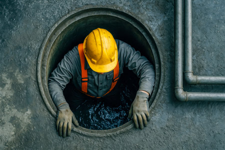 A worker in full safety gear ascends an underground passage, ready for inspection or repair, amidst industrial surroundings and a focused atmosphere.の写真素材
