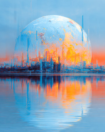 An imaginative urban scene featuring a luminous moon dominating the sky, fiery sunset hues mirrored on tranquil waters beneath dreamy silhouettes of cの写真素材