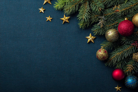 Brightly colored glass baubles and lush pine twigs create a warm holiday ambiance against a sleek dark backdrop perfect for festive spreads and seasonの写真素材