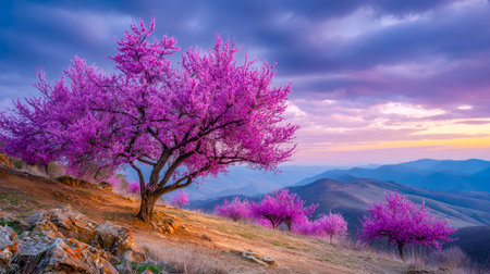 A vibrant sunset bathes a mountain scene dotted with delicate pink blossoms, creating a serene and enchanting springtime vista.の写真素材