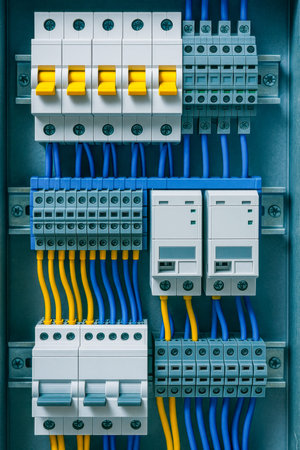Intricate array of breakers and tangled wiring within a panel, highlighting electrical organization...