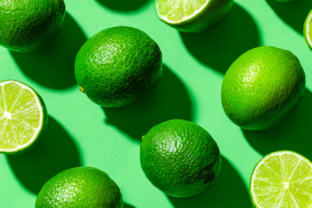 Juicy whole and sliced limes arranged against a lively green backdrop, evoking freshness and zest, ideal for culinary, health, or summer themes.の写真素材