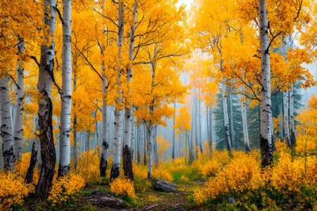Sunlit golden leaves blanket a quiet woodland, where gentle mist weaves through towering trees, evoking calmness and seasonal tranquility.の写真素材