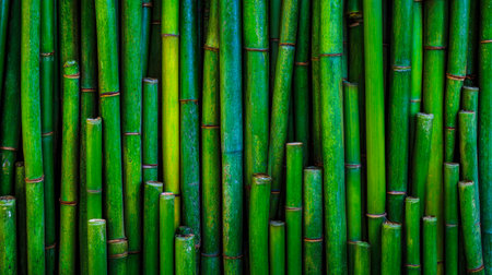 Vibrant green bamboo rises densely, creating a lush, textured tapestry that evokes serenity and the vibrant energy of nature's canopy.の写真素材