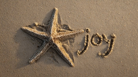 A vibrant starfish rests beside a heartfelt message etched in the sand, capturing a serene coastal scene filled with tranquility and happiness.の写真素材
