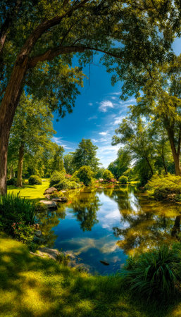 Tranquil oasis featuring vibrant foliage and a mirror-like pond basking in warm sunlight, evoking peace and natural harmony.の写真素材