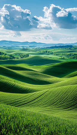 Lush, undulating meadows stretch into the distance beneath a radiant sky dotted with fluffy clouds, evoking serenity and natural beauty.の写真素材