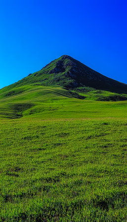 Vibrant verdant plains stretch towards a towering summit, basking beneath a pristine azure sky that evokes serenity and adventure.の写真素材
