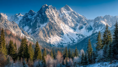 Towering white summits rise above dense green woods, creating a breathtaking scene of natural grandeur and tranquility.の写真素材