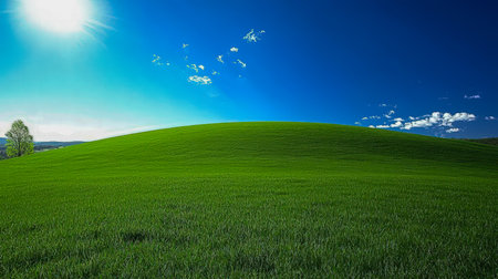 A vibrant, rolling landscape bathed in sunlight, with rich foliage stretching beneath a clear sky dotted with fluffy white clouds.の写真素材