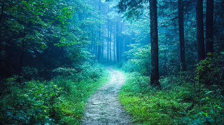 A quiet woodland path bathed in gentle, cool blue hues, creating a tranquil atmosphere perfect for reflection and peaceful walks.の写真素材