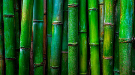 Towering verdant bamboo stems densely cluster, their smooth surfaces and lush foliage creating a lively, peaceful jungle scene.の写真素材