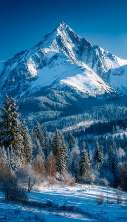 A tranquil winter scene featuring towering peaks blanketed in snow, surrounded by thick, lush conifers that reach into a muted, icy sky.の写真素材